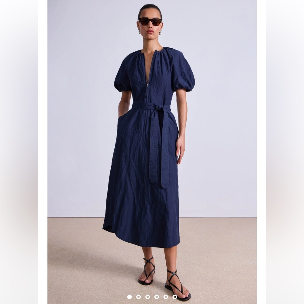 Apiece Apart Zip Front Navy Blue Midi Dress with Belt